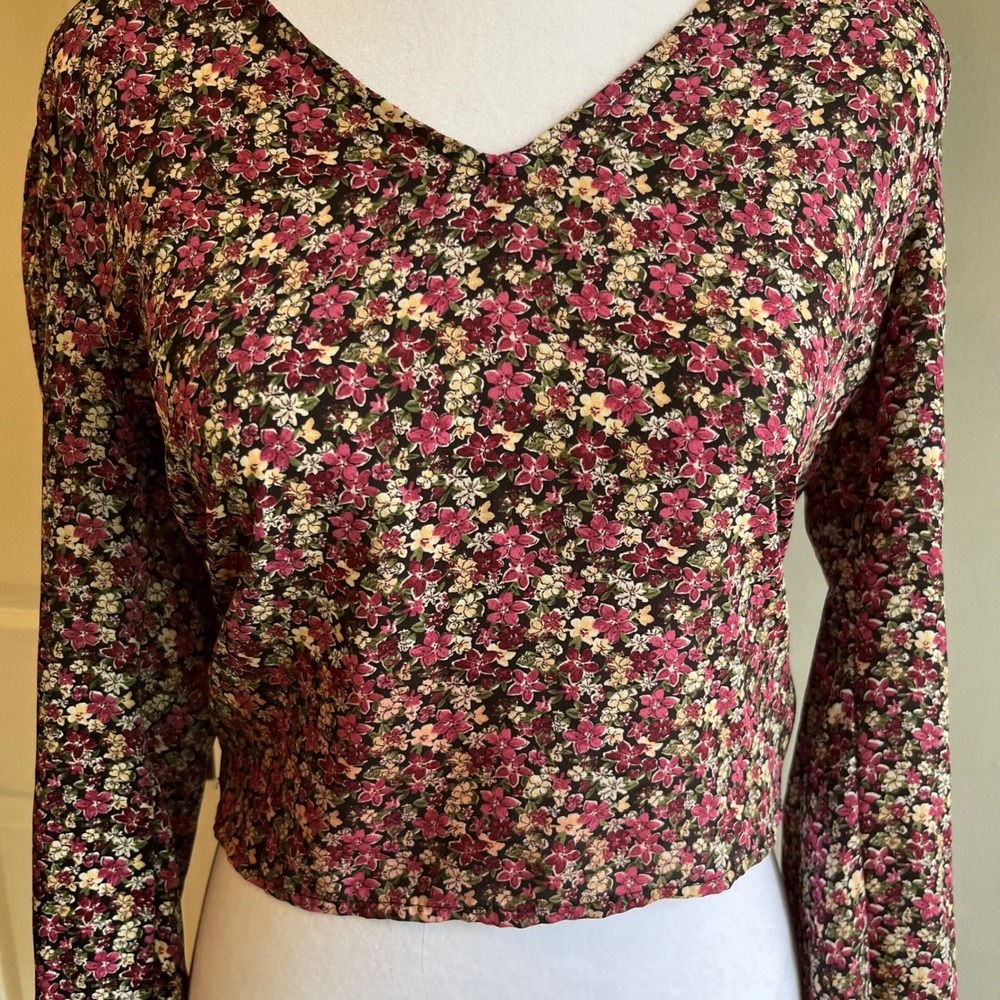 Floral Print Long Sleeve Crop V Neck Blouse Open Back Small Bohemian Festival